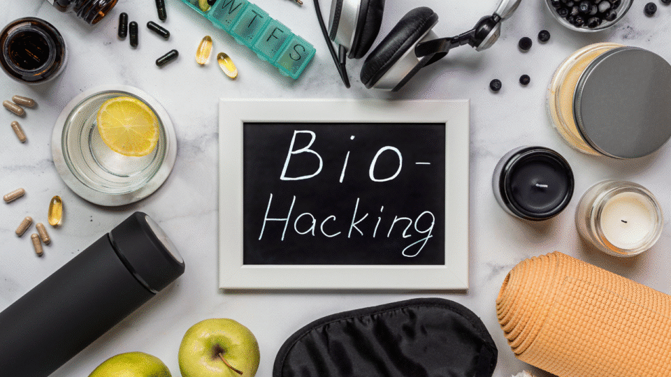 A flat lay of wellness and self-care items around a chalkboard with the words “Bio-Hacking” written on it. Items include supplements, a glass of water with lemon, headphones, candles, apples, a yoga mat, and a pill organizer.