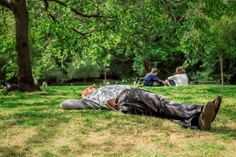 A person relaxing on the grass under a tree in a park, surrounded by greenery and people enjoying the outdoors.