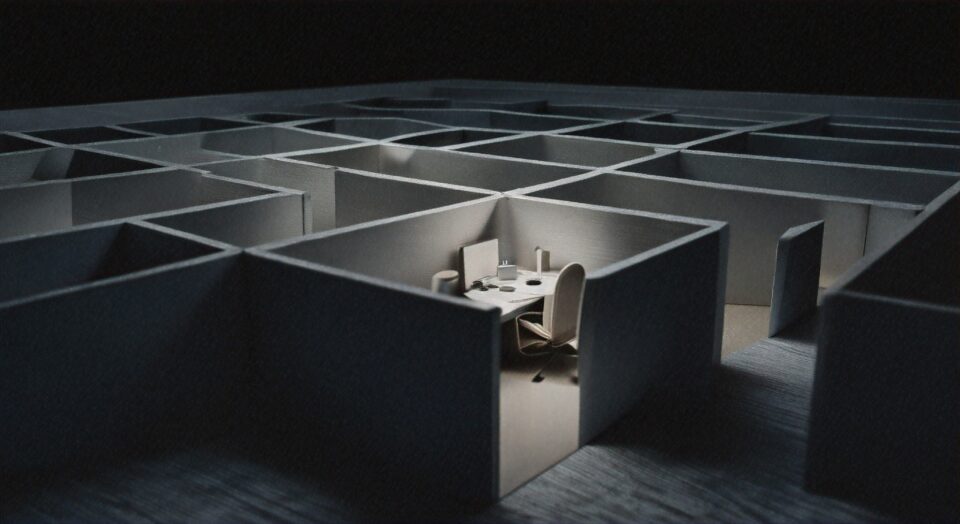 An overhead view of a dimly lit maze made of grey walls. In one of the compartments, a small office setup with a desk, chair, and computer is illuminated, highlighting a sense of isolation within the maze.