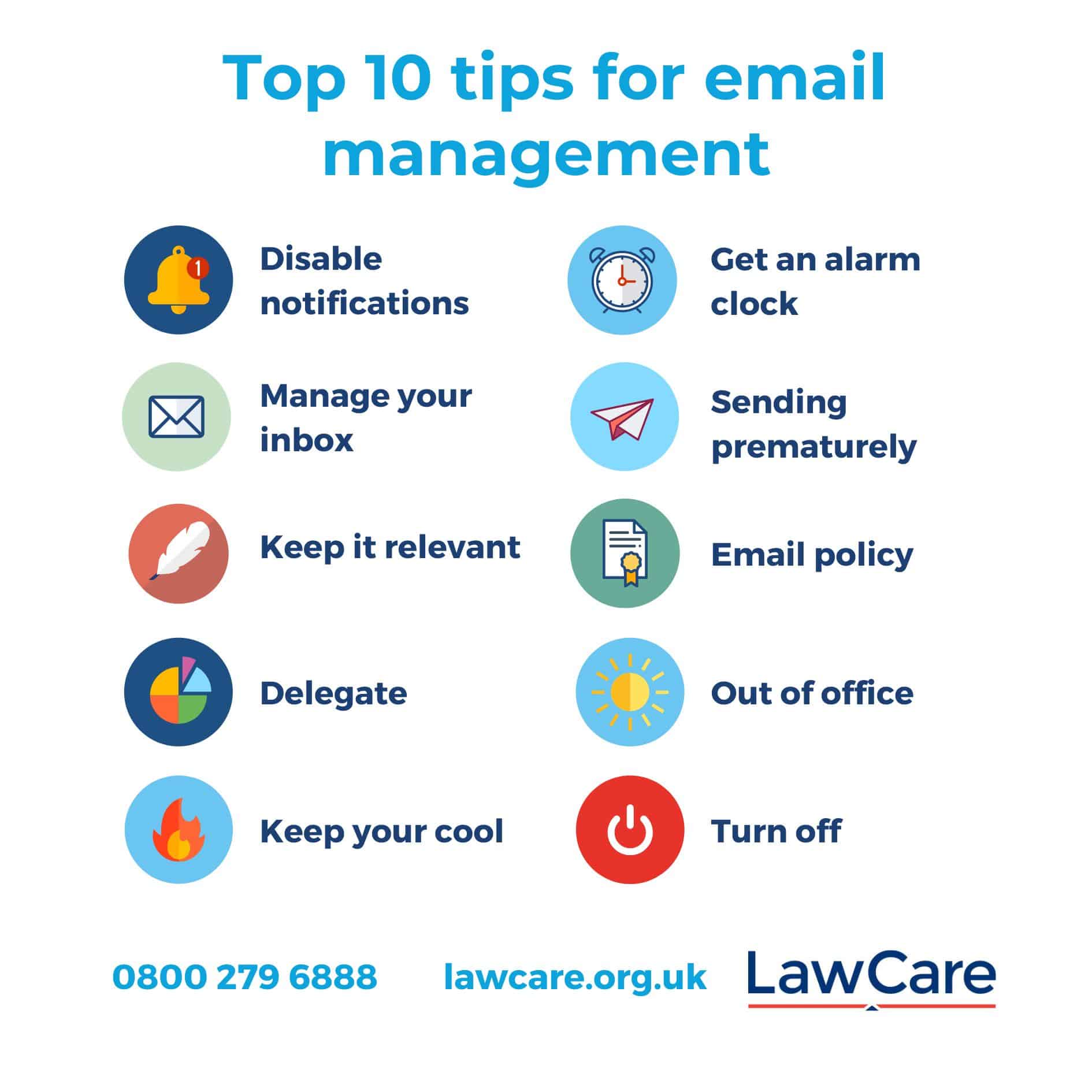 Graphic titled ‘Top 10 tips for email management’ showing icons next to each tip: Disable notifications; Get an alarm clock; Manage your inbox; Avoid sending prematurely; Keep it relevant; Follow your email policy; Delegate; Use out of office; Keep your cool; Turn off. Includes LawCare logo, website lawcare.org.uk, and helpline number 0800 279 6888.