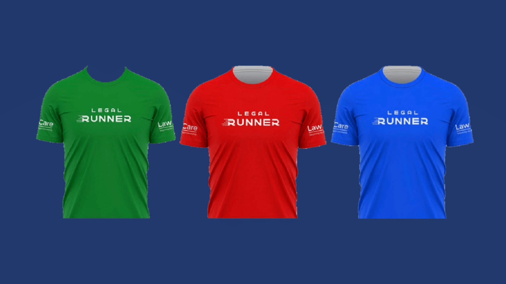 A green, a red and a blue Legal Runner shirt