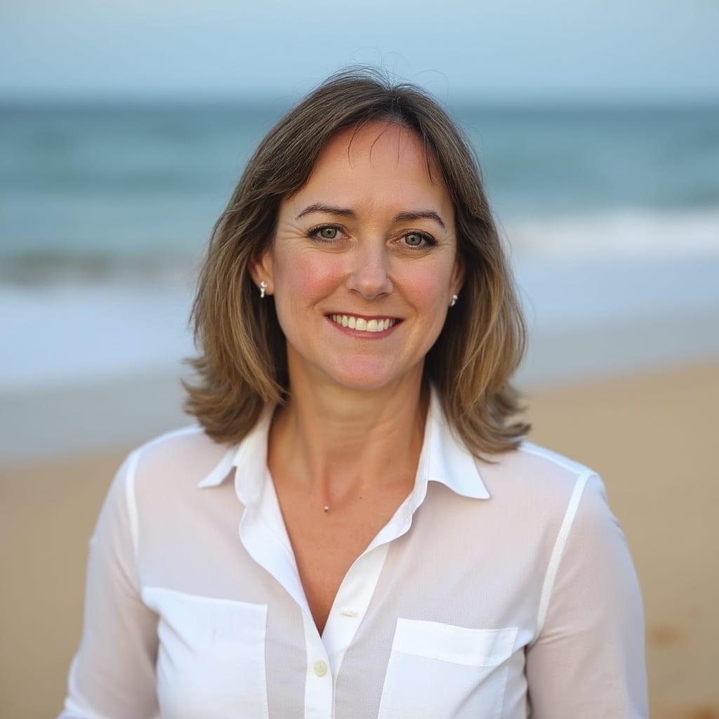 Woman with brown hair smiling with a beach in the background