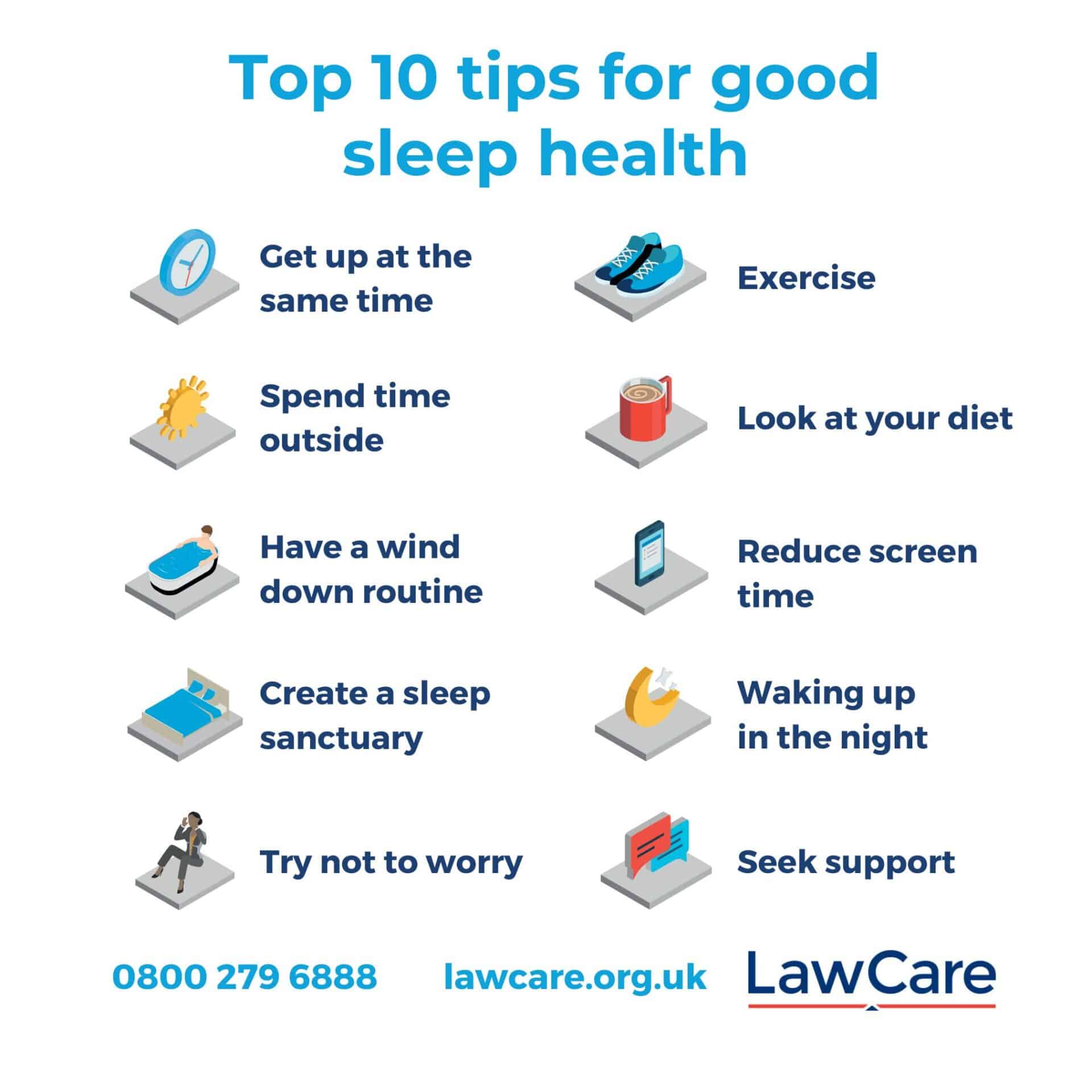 Graphic titled ‘Top 10 tips for good sleep health’ showing icons next to each tip: Get up at the same time; Exercise; Spend time outside; Look at your diet; Have a wind down routine; Reduce screen time; Create a sleep sanctuary; Waking up in the night; Try not to worry; Seek support. Includes LawCare logo, website lawcare.org.uk, and helpline number 0800 279 6888.