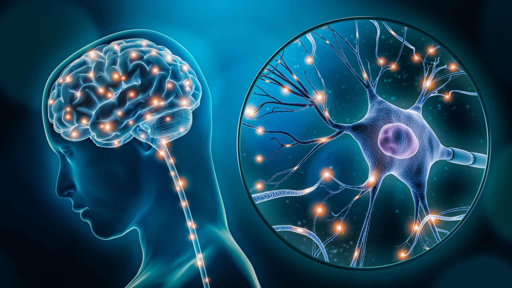 Digital illustration of a human brain with glowing neural connections, alongside a close-up of a neuron showing electrical activity.