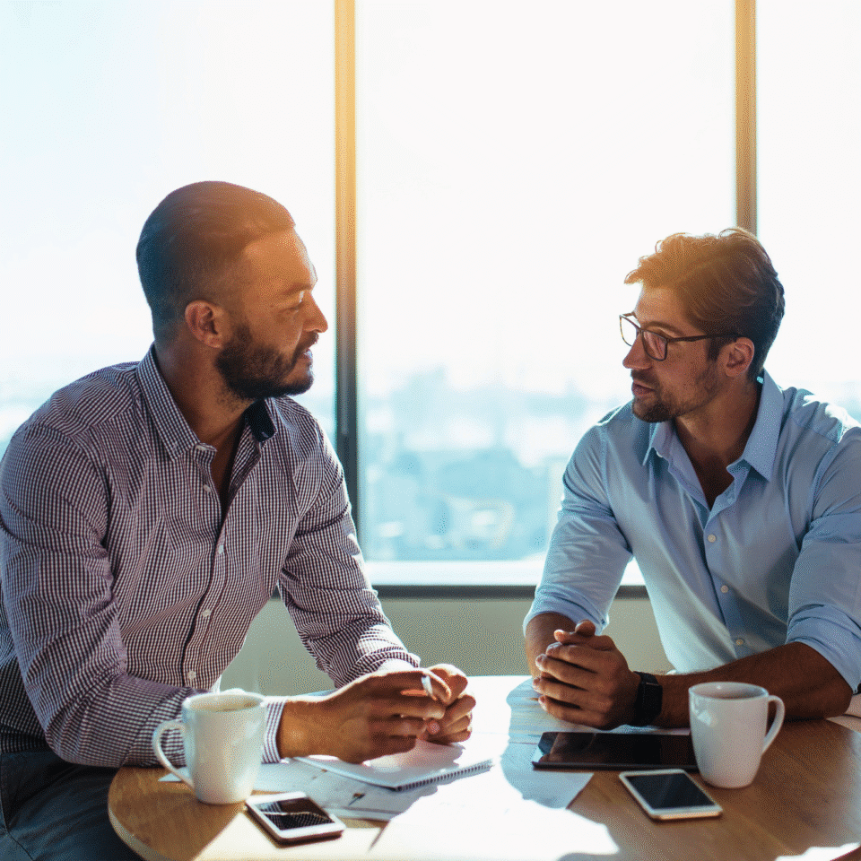 Two men sitting at a round table in a bright office, having a serious conversation over coffee, with notebooks and smartphones on the table.