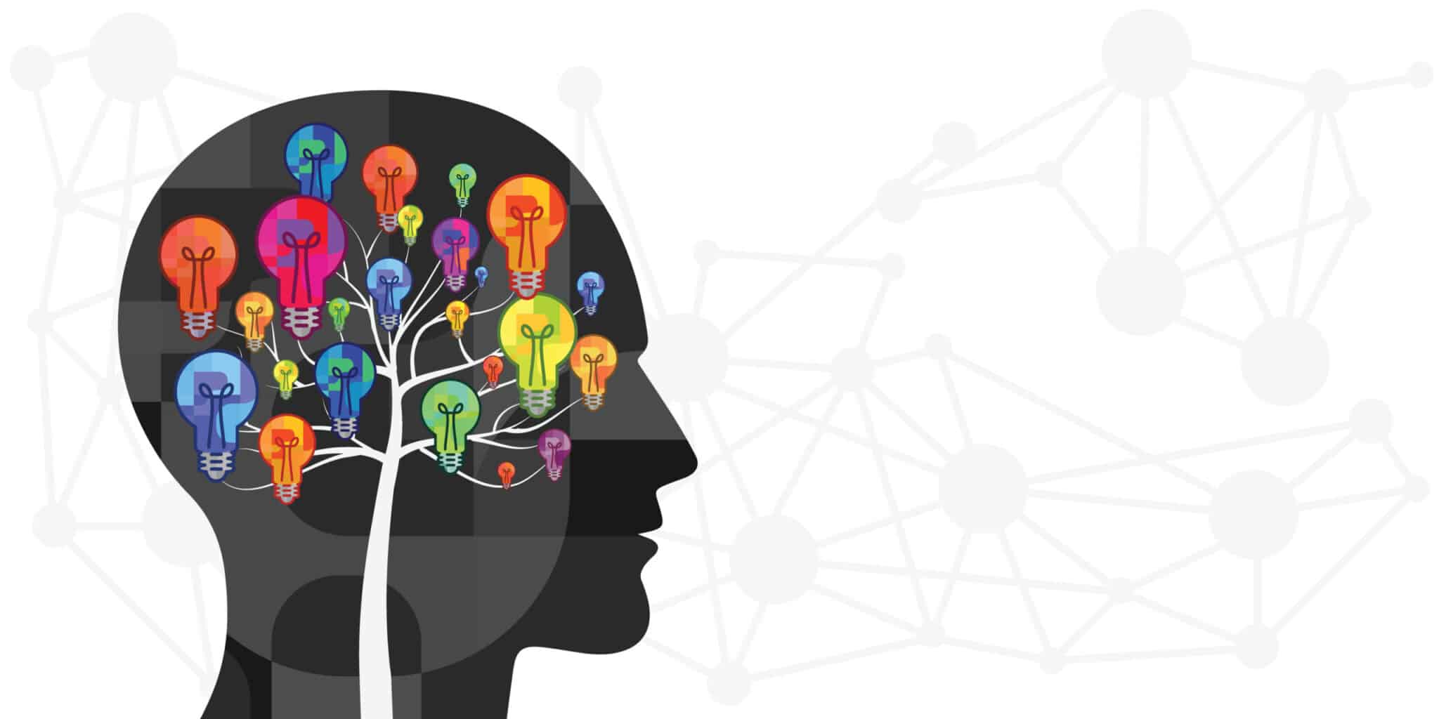 Illustration of a human head silhouette with a branching tree inside, featuring colorful light bulbs symbolising ideas, growth, and creativity.
