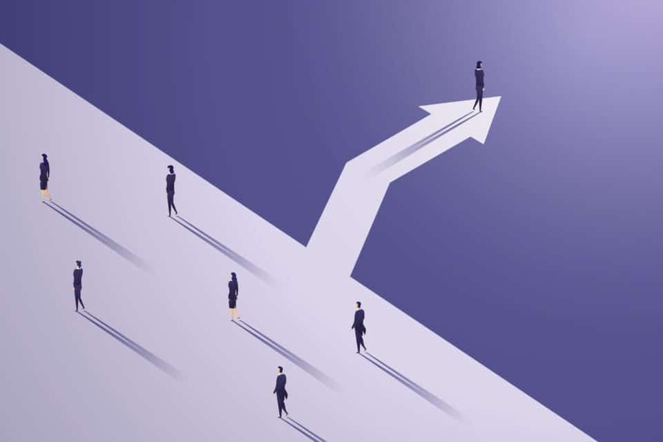 Illustration of business people walking, with one person taking a bold new path shown as a large arrow splitting from the main route, symbolising career choice or change.
