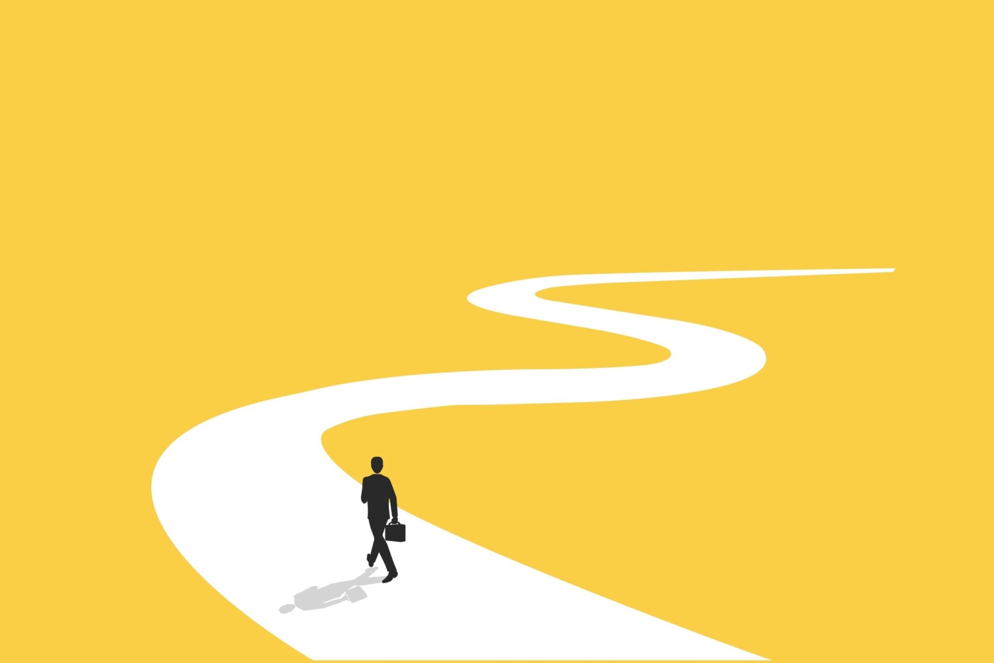 Figure of a person walking on a path leading off into the distance against a yellow background.