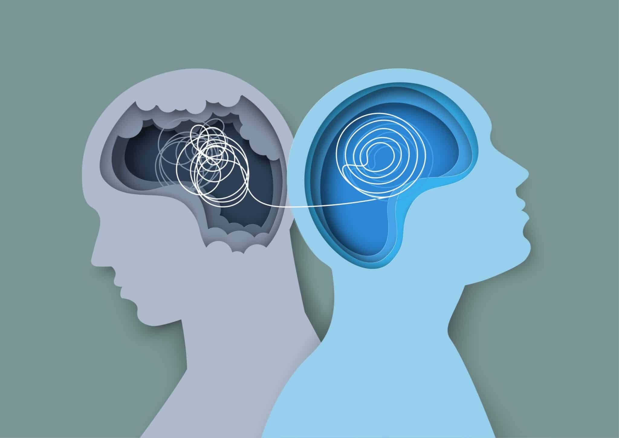 Illustration of two human heads, one with tangled lines symbolizing confusion and the other with organized spirals symbolizing clarity, connected by a single line.