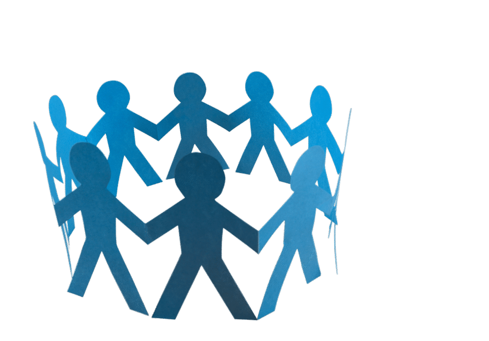 "Blue paper cut-out figures holding hands in a circle, symbolizing unity and community.