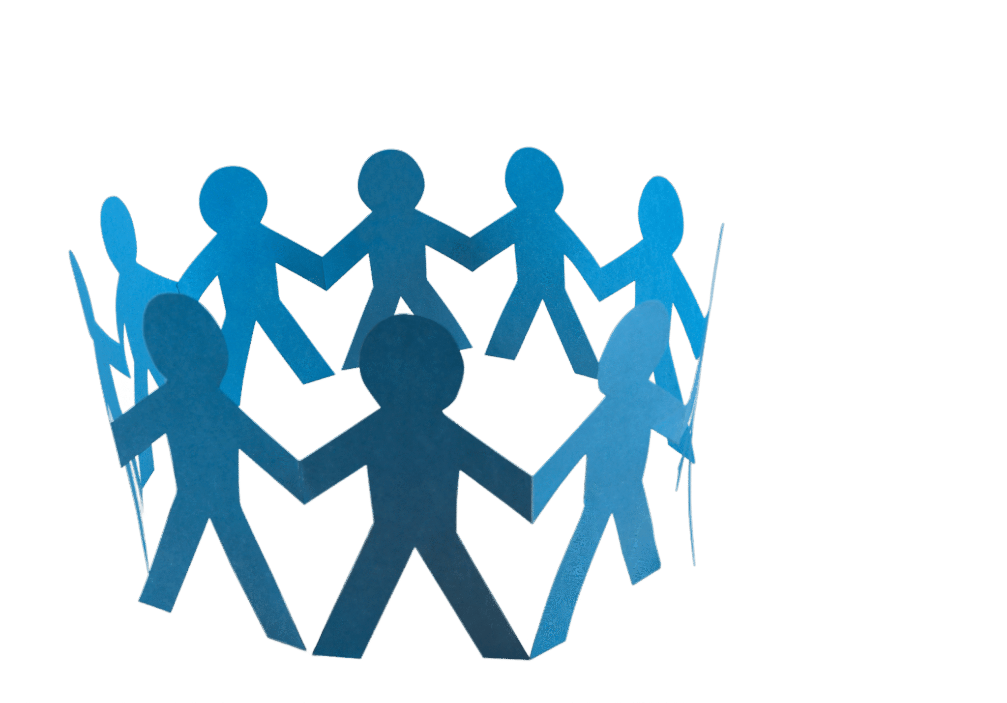 "Blue paper cut-out figures holding hands in a circle, symbolizing unity and community.