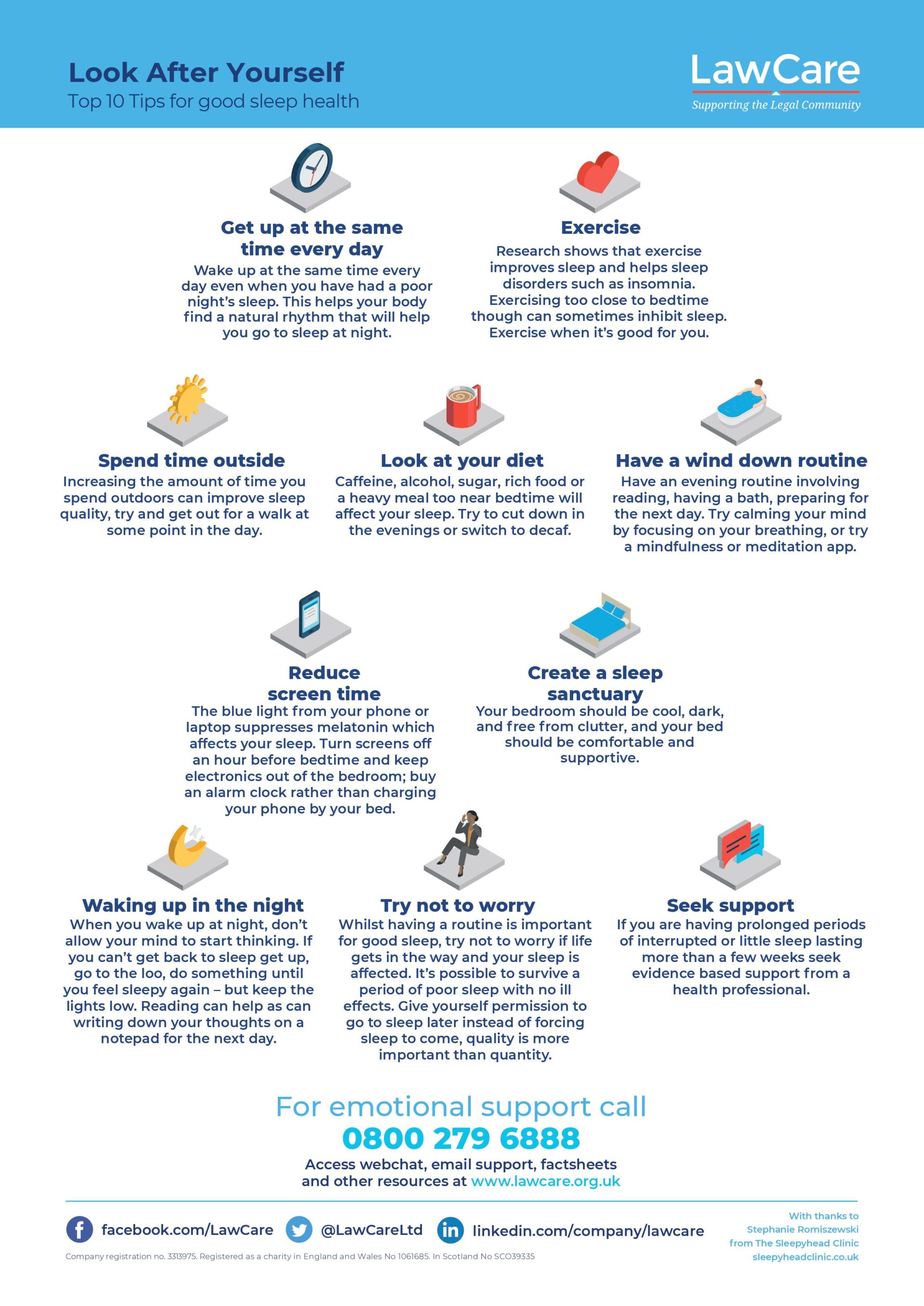 An infographic titled "Top 10 Tips for Good Sleep Health" by LawCare, listing practical advice such as waking up at the same time every day, exercising, spending time outside, reducing screen time, creating a restful sleep environment, and seeking support if sleep problems persist.