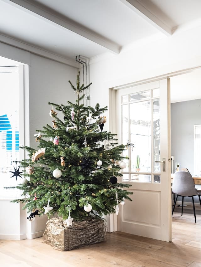 A decorated Christmas tree with lights and ornaments stands in a bright, modern office..