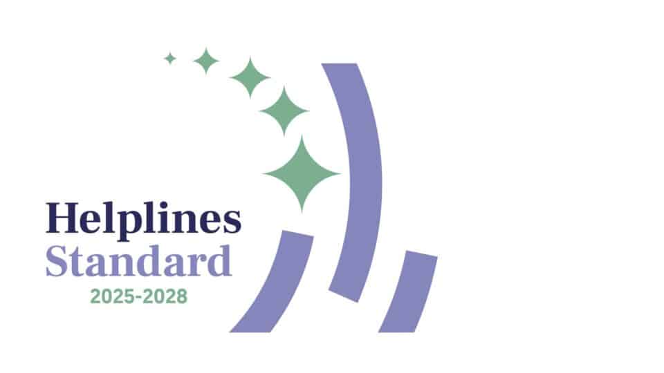 Helplines Standard 2025–2028 logo with green star shapes and curved purple lines on a white background.