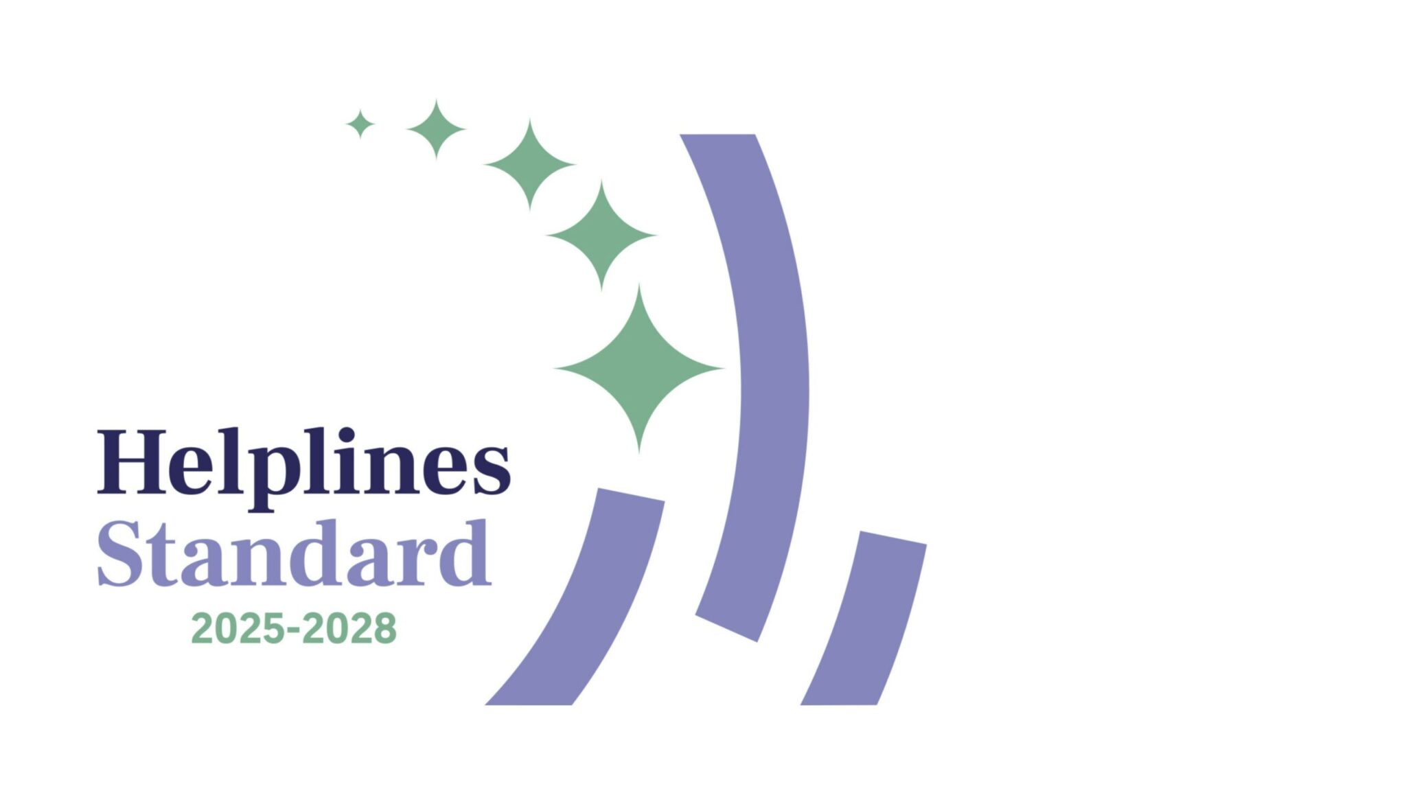 Helplines Standard 2025–2028 logo with green star shapes and curved purple lines on a white background.