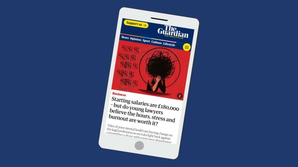 Illustration of a smartphone screen showing a Guardian article about young lawyers, stress, and burnout.