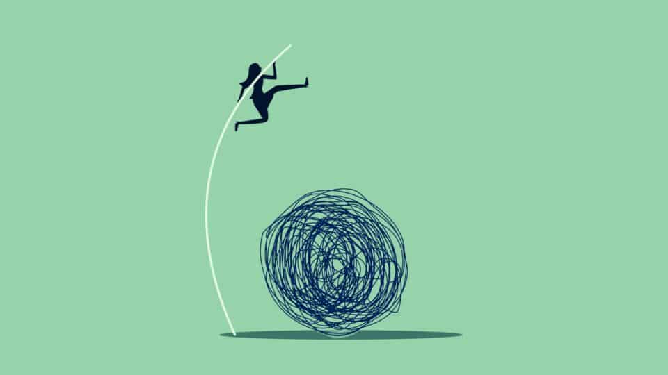 Illustration of a person using a long pole to vault over a large tangled scribble, symbolising overcoming stress or anxiety, on a green background.