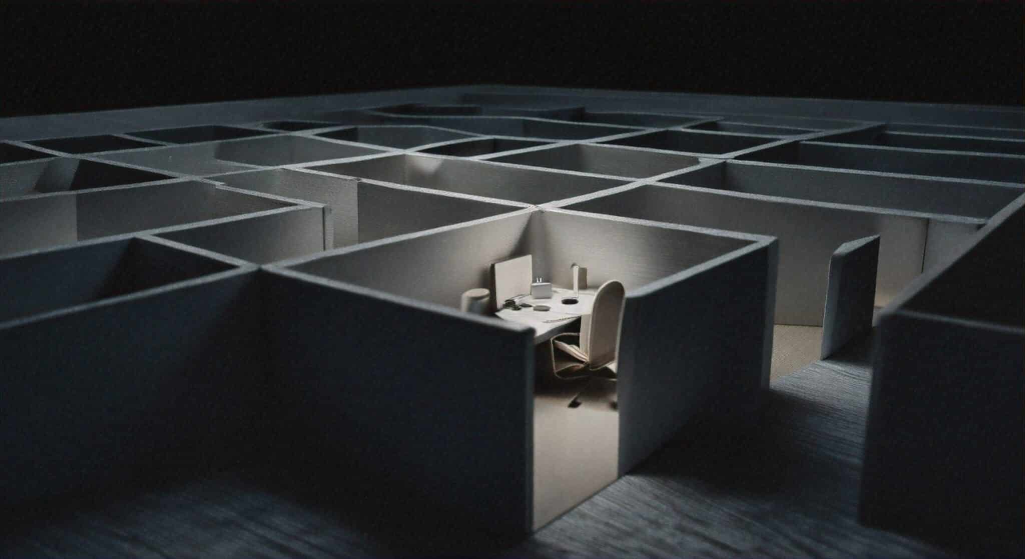 An overhead view of a dimly lit maze made of grey walls. In one of the compartments, a small office setup with a desk, chair, and computer is illuminated, highlighting a sense of isolation within the maze.