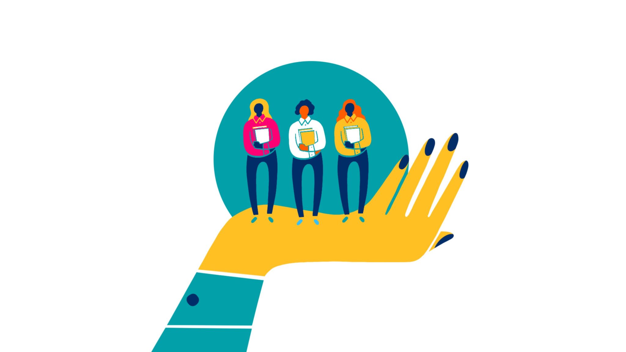 Illustration of three people standing on an open hand, representing support and community.