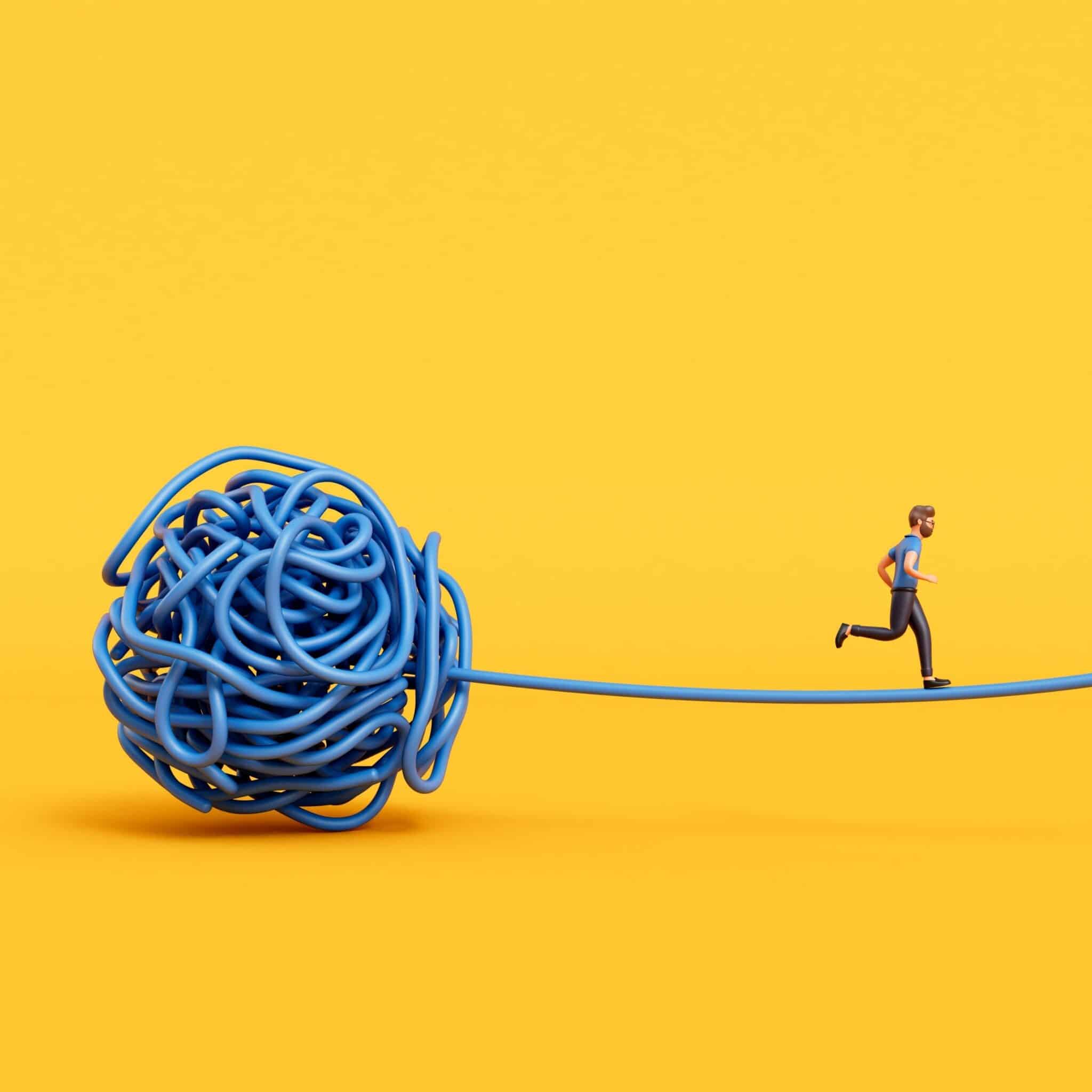 Illustration of a person running along a long blue cable that extends from a large tangled ball of cable, set against a bright yellow background.