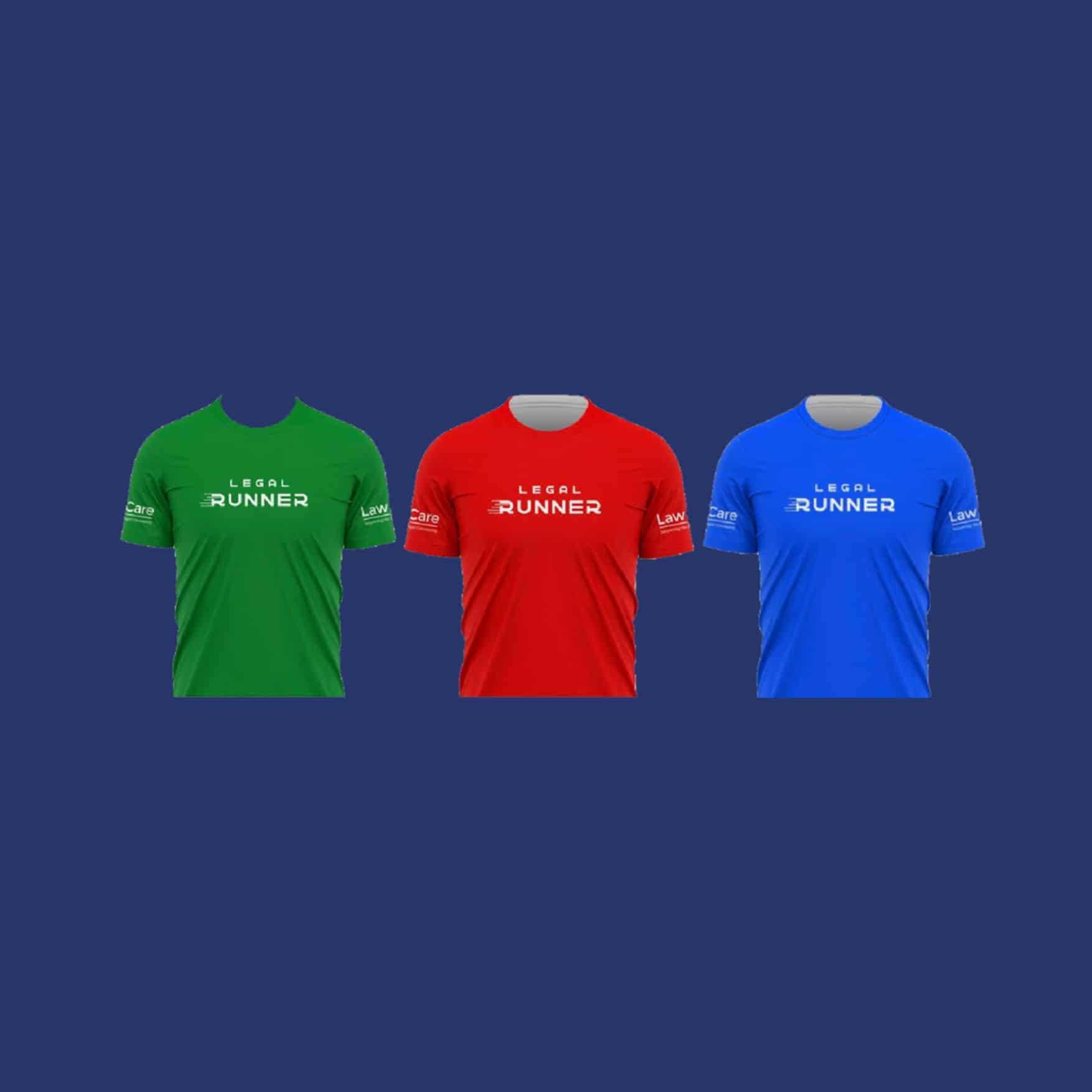 Three lovely Legal Runner tops - one red, one blue and one green