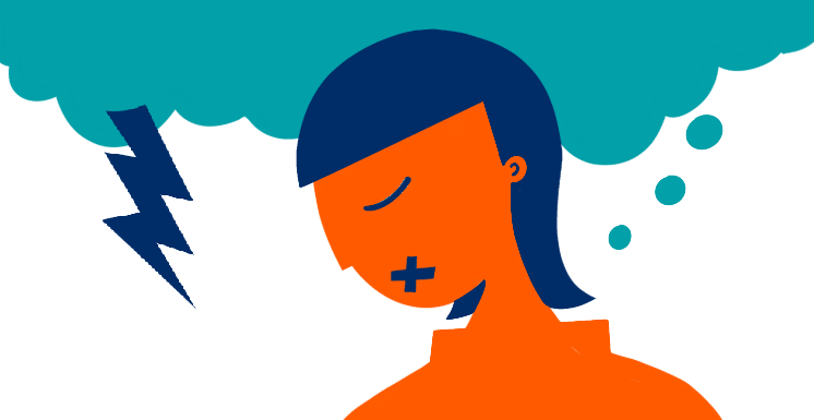 Illustration of a person with their eyes closed and mouth covered, with a dark cloud and lightning above their head, representing anxiety, distress, or difficulty speaking about mental health.