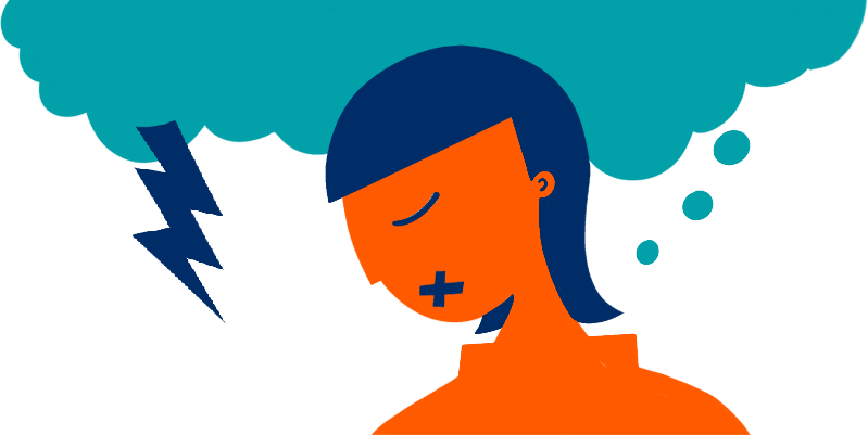 Illustration of a person with their eyes closed and mouth covered, with a dark cloud and lightning above their head, representing anxiety, distress, or difficulty speaking about mental health.