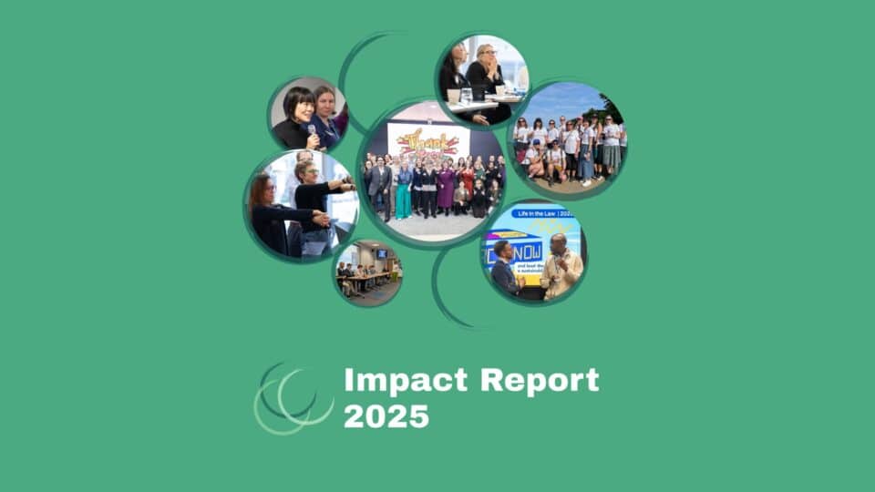 Cover image for LawCare’s Impact Report 2025. The design features a green background with circular photos showing people at events, workshops and group activities. The text ‘Impact Report 2025’ appears at the bottom.