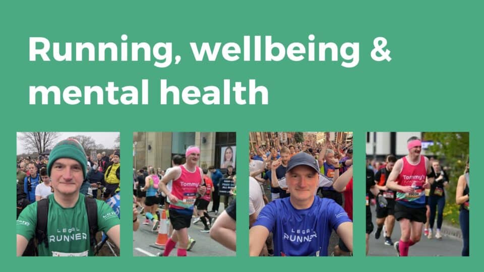 Collage of Mark Evans, President of the Law Society of England and Wales, running in various races, with the heading “Running, wellbeing & mental health” and LawCare branding.