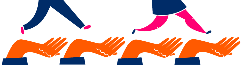 Illustration of four hands support two pairs of legs, showing how managers can support their team.