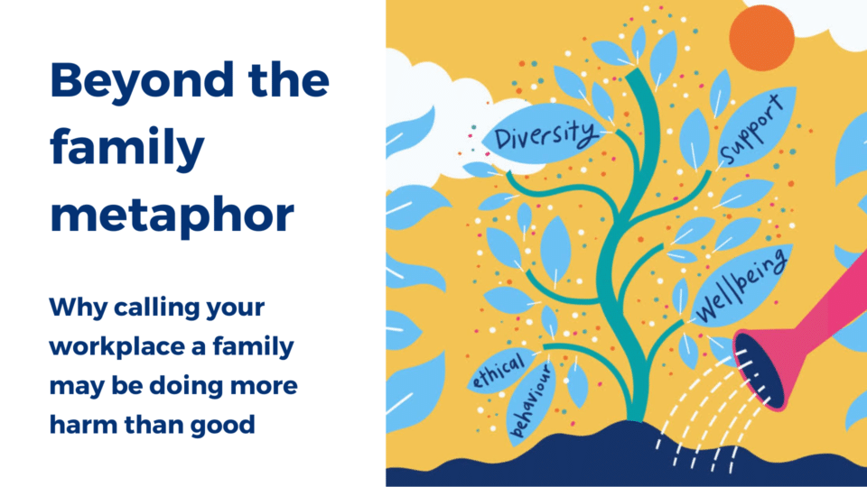Graphic featuring a plant growing with leaves saying diversity, support, ethical behaviour and wellbeing. The text says Beyond the family metaphor. Why calling your workplace a family may be doing more harm than good.
