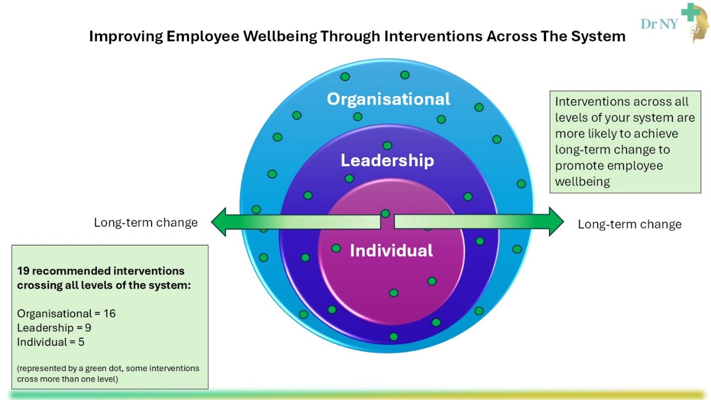 Improving employee wellbeing through interventions across the system - Diagram showing three overlapping levels of employee wellbeing: individual, leadership and organisational. Green dots represent 19 recommended interventions across the three levels, with the message that interventions across the whole system are more likely to achieve long-term change in employee wellbeing.
