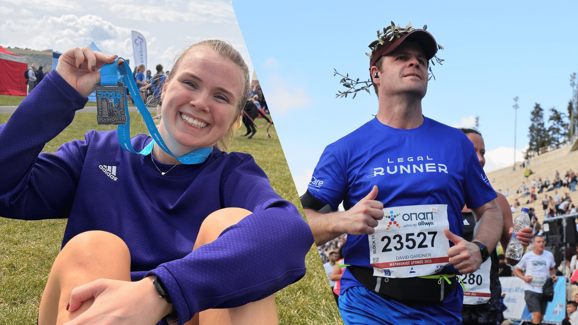 Split image of two runners: Laura smiling and holding up a medal after a race, and David Gardner running a marathon in a blue Legal Runner kit and giving a thumbs up.
