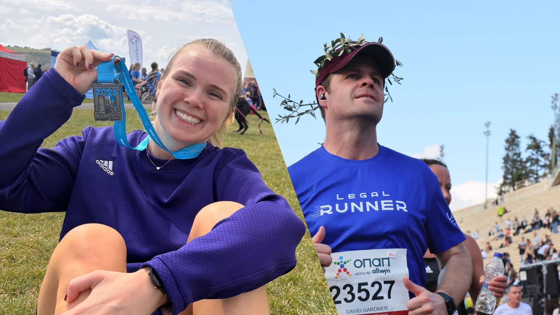 Split image of two runners: Laura smiling and holding up a medal after a race, and David Gardner running a marathon in a blue Legal Runner kit and giving a thumbs up.