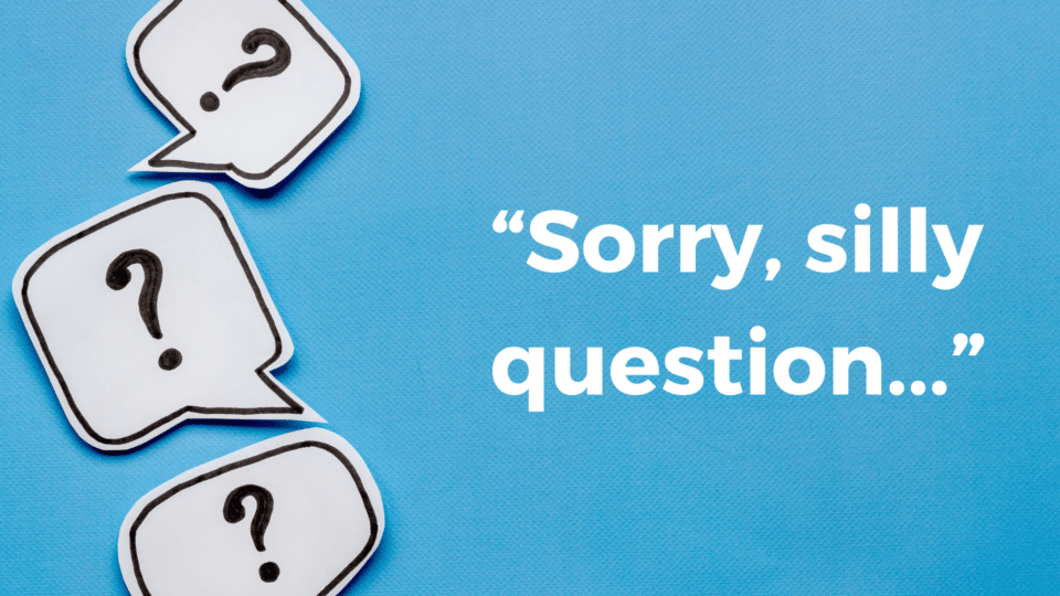 Three speech bubbles containing question marks on a blue background, with the text: “Sorry, silly question…”